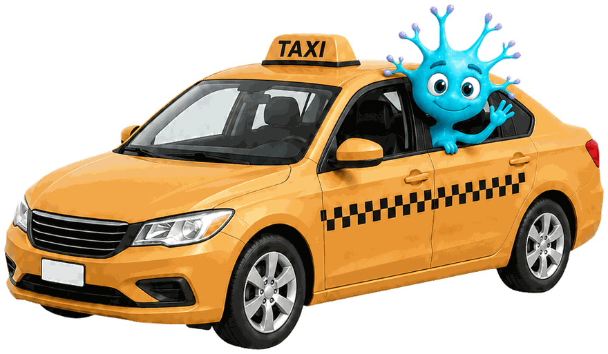 Mascotte Synap'School dans un taxi - service de ramassage scolaire